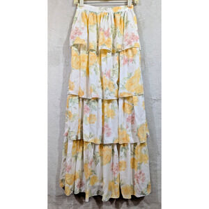 Wayf White Floral Tiered Mini Skirt with Yellow and Pink Blooms